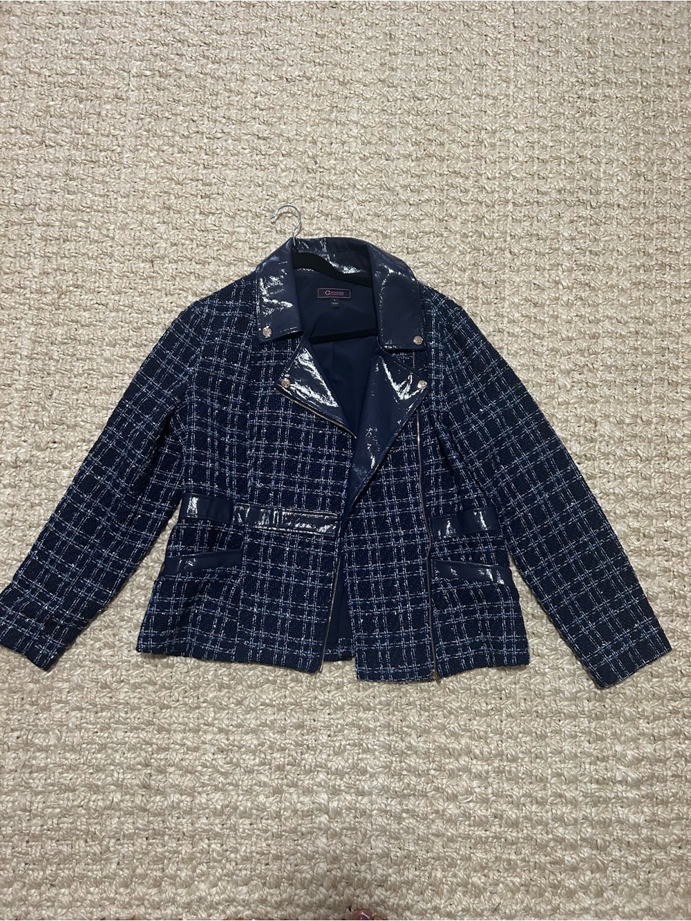 Chico's Navy Tweed Moto Blazer with Patent Trim